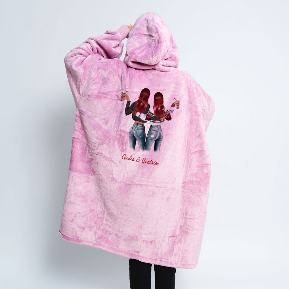 Coperta con Cappuccio Personalizzata con Illustrazione di due Amiche